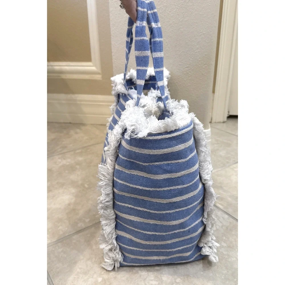 HATATTACK‎ CANVAS FRINGE LARGE TOTE BAG BLUE & WHITE Beach Nautical Cruise AS IS